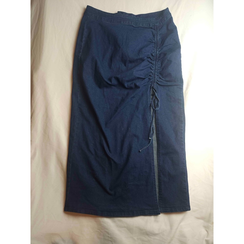 Shein Denim Skirt Womens Size Large Blue Ruched Split Midi‎ Straight Pencil
